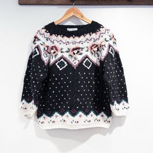 VTG BOAZ Cottagecore Prairie Chunky Hand Knit Rosette Sweater Grannycore Sz M